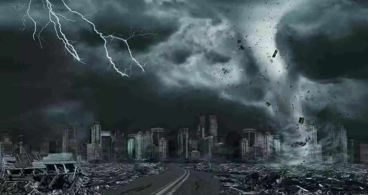 A hurricaine and lightning destroying a city