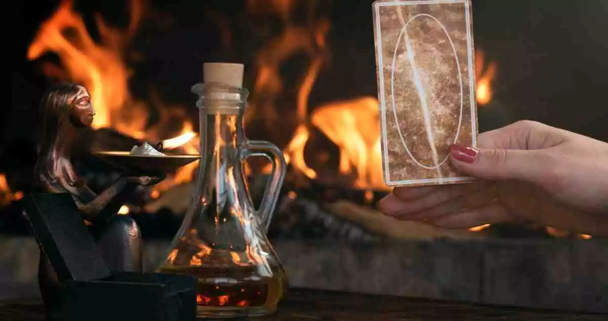 A woman holding a tarot card with fire in the background