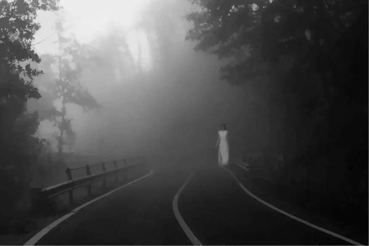 Apparition femme blanche sur la route dans le brouillard
