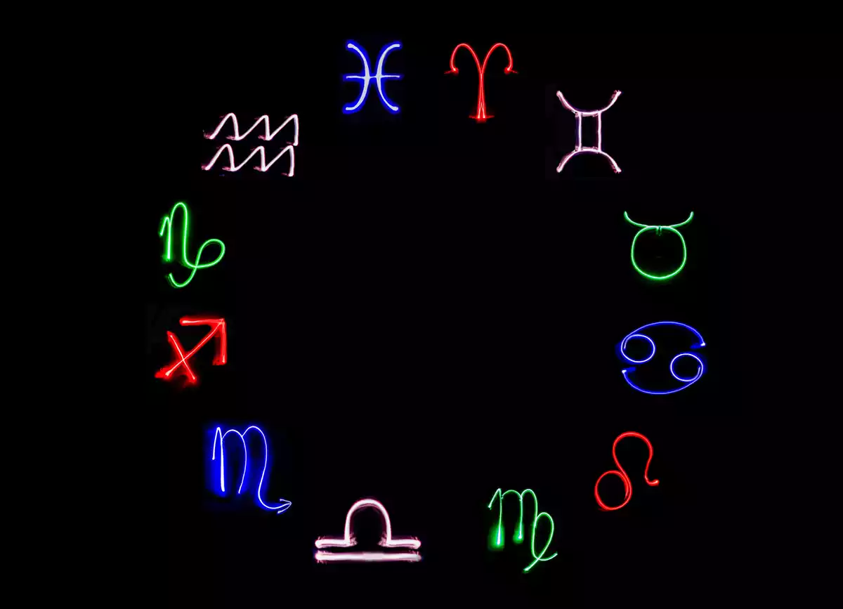 Les 12 signes du zodiaque dans des cercles représentés avec des lumières fluorescentes