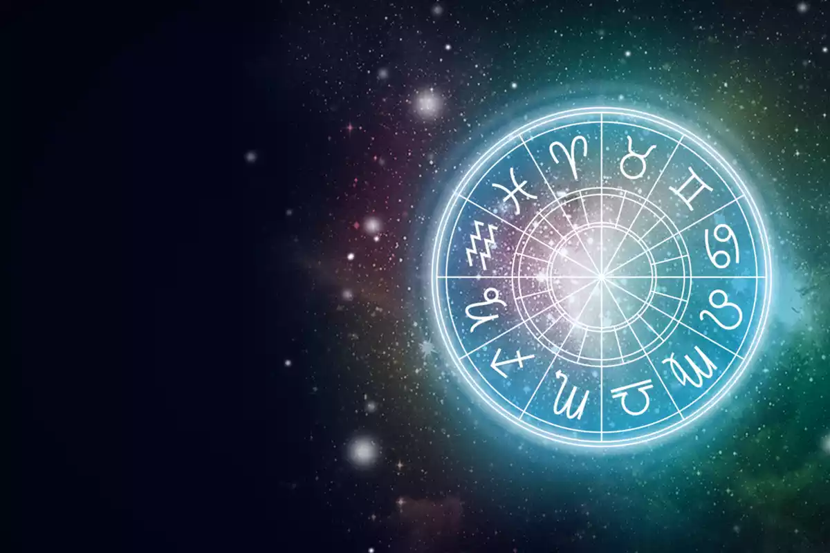 Les 12 signes du zodiaque dans un cercle à droite entouré de bleu et blanc et sur un fond noir et étoilé