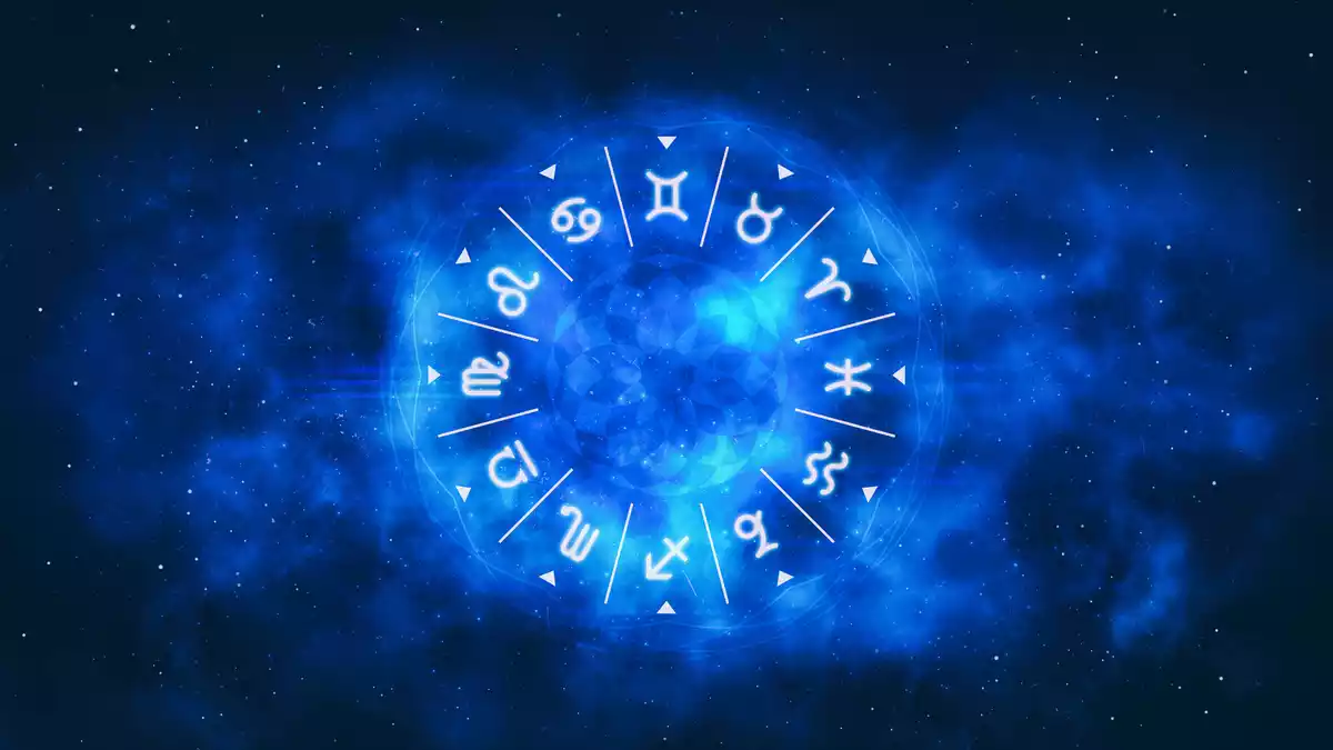 Les 12 signes du zodiaque dans un cercle avec fond bleu vif et noir