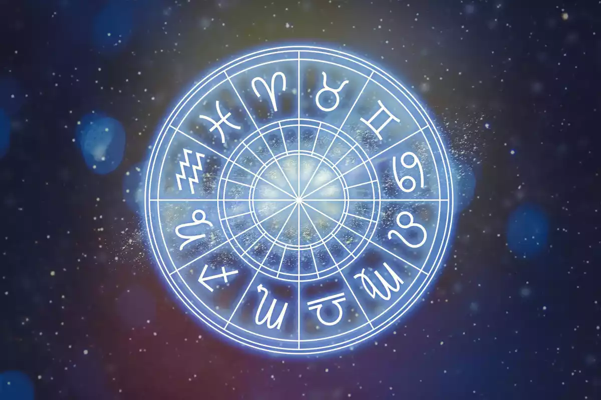 Les 12 signes du zodiaque dans un cercle entouré de bleu et blanc avec un fond étoilé