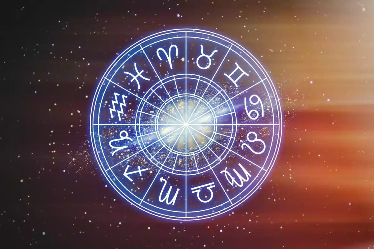 Les 12 signes du zodiaque dans un cercle entouré de bleu et blanc avec un fond étoilé et à droite un halo de couleur orange rougeâtre