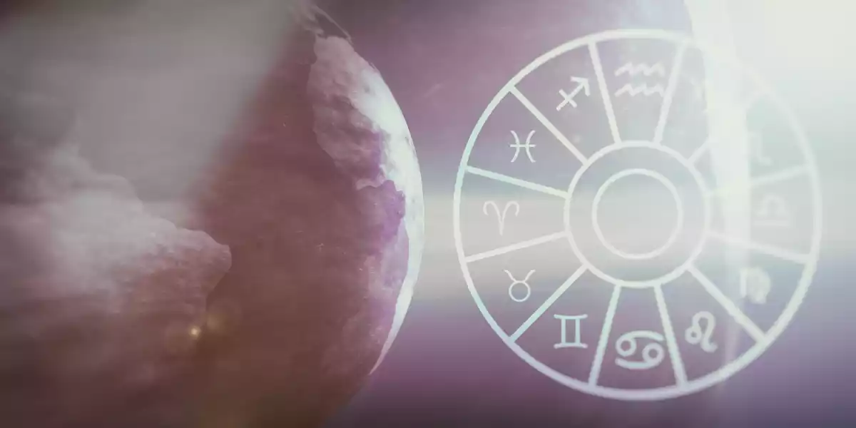 Les 12 signes du zodiaque dans un cercle à droite et la terre à gauche