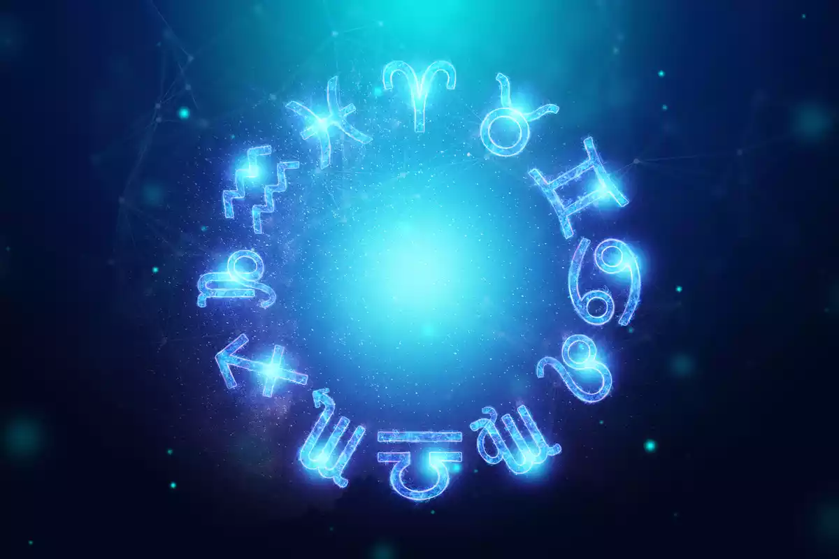 Les 12 signes du zodiaque dans un cercle avec des flammes bleues