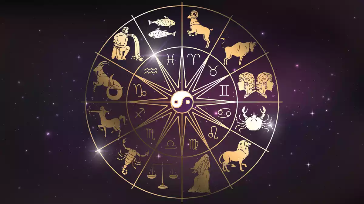 Les 12 signes du zodiaque dans un  cercle avec leurs figures représentatives et le symbole du yin et du yang au centre
