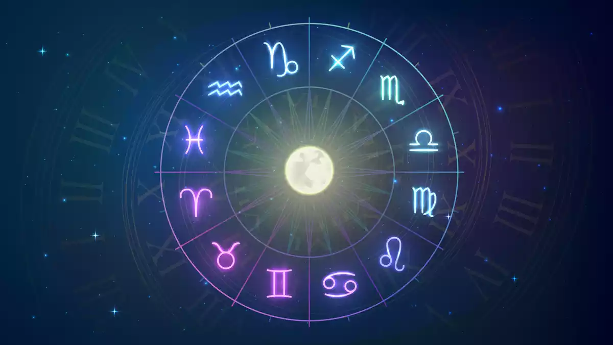Les 12 signes du zodiaque dans un cercle de couleur néon avec la lune au centre