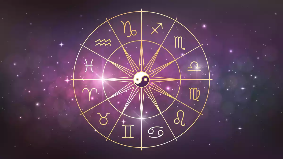 Les 12 signes du zodiaque dans un cercle doré avec le symbole du yin et du yang au milieu et sur un fond lila