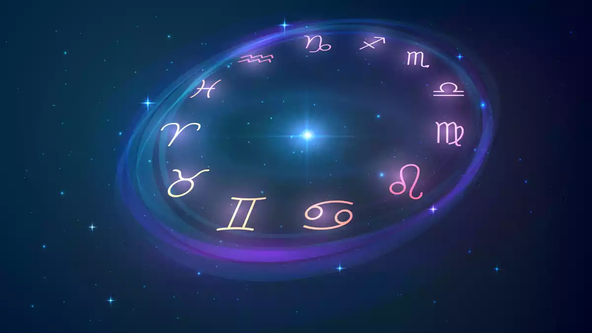 Les 12 signes du zodiaque dans un cercle incliné avec une lumière brillante au milieu et sur un fond étoilé