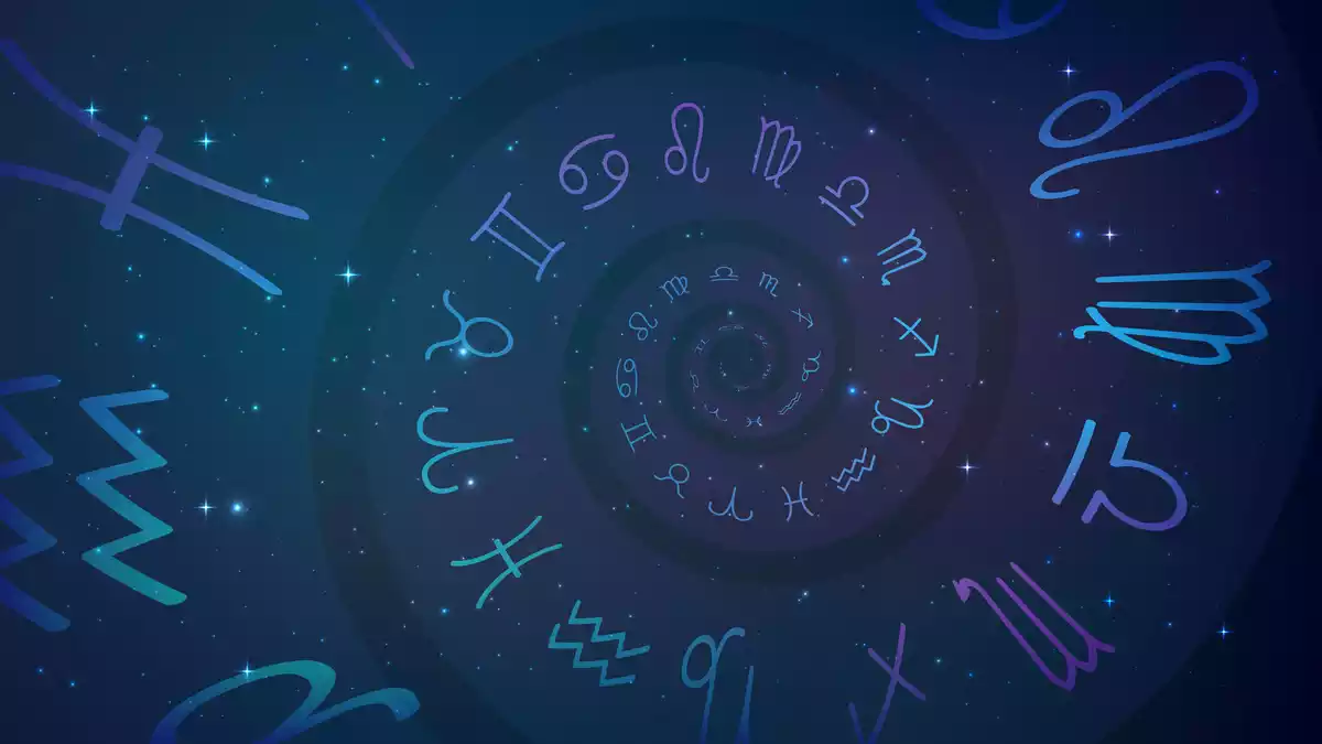 Les 12 signes du zodiaque en bleu et lila dans une spirale