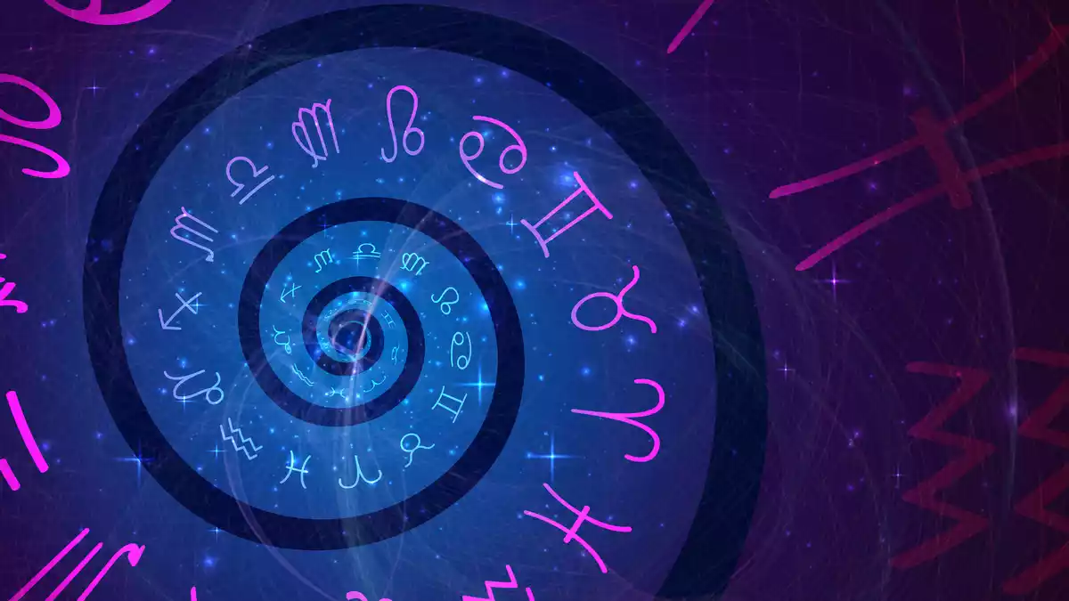 Les 12 signes du zodiaque en rose et bleu dans une spirale