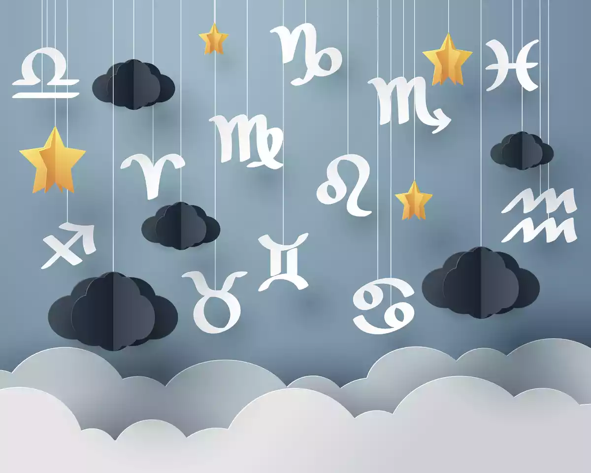 Les 12 signes du zodiaque suspendus comme des marionnettes entre les nuages noirs et blancs