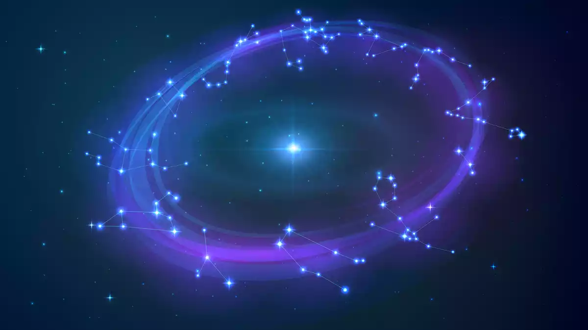 Les constellations du zodiaque dans un cercle avec une lumière brillante au milieu et sur un fond étoilé