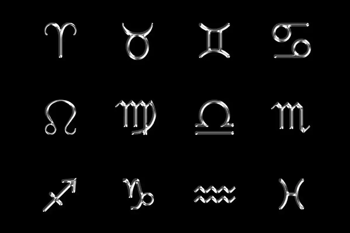 Les 12 signes du zodiaque argentés sur fond noir