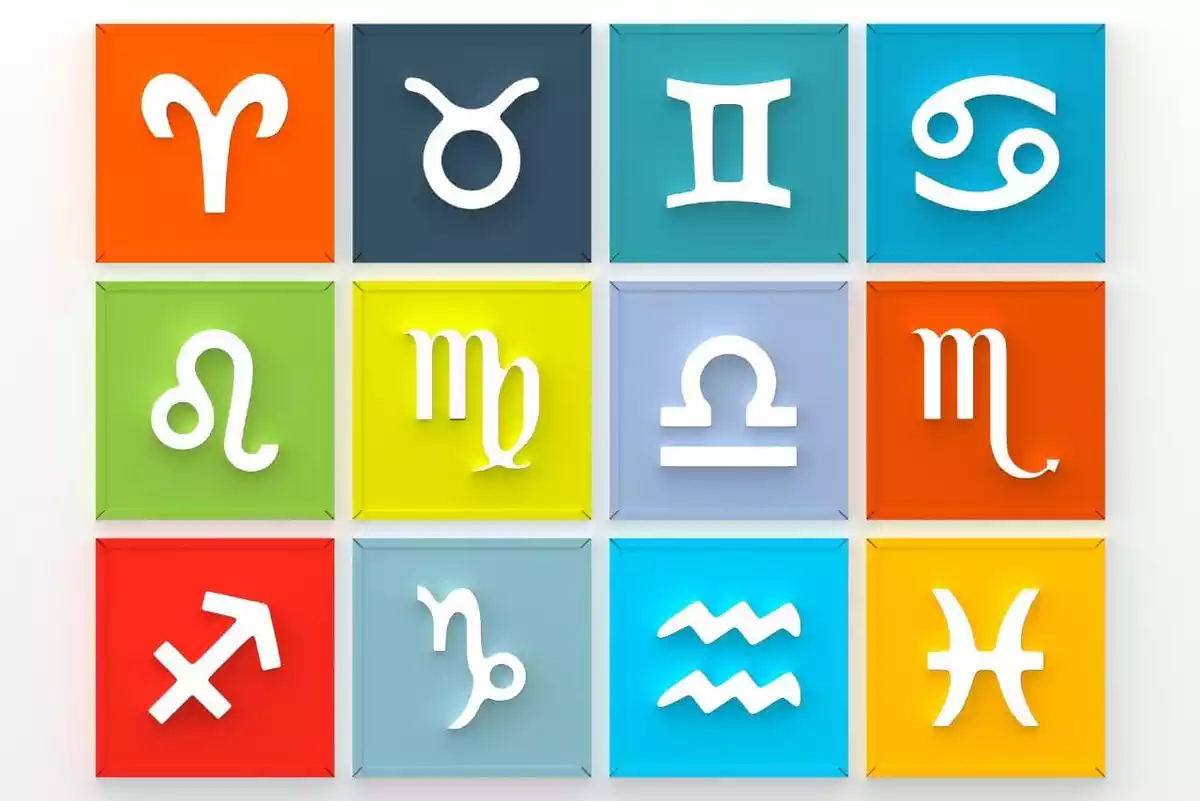 Les 12 signes du zodiaque dans des carrés colorés