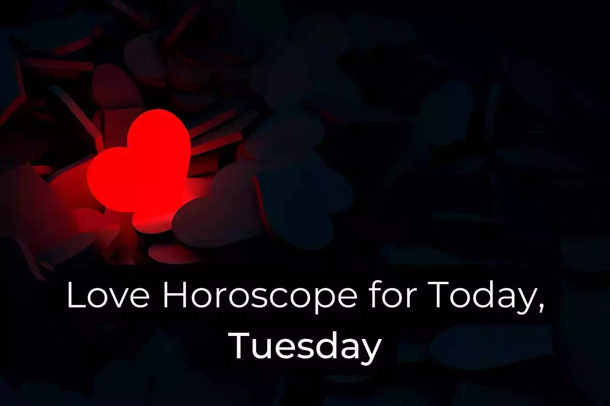 A red heart on a background of black hearts and the letters ''Love Horoscope for Today, Tuesday''