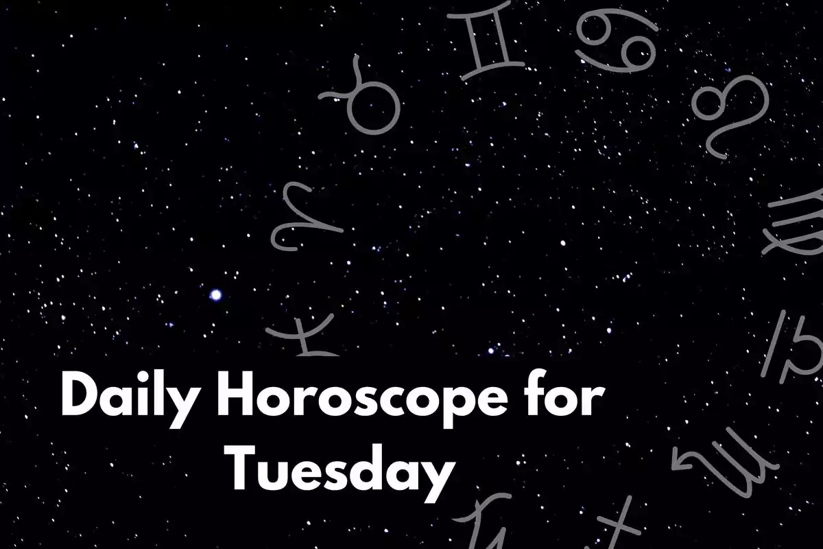 Sky with stars and a zodiac wheel and the lettering ''Daily Horoscope for Tuesday''