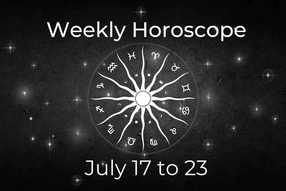 A zodiac wheel and red hearts on a black background with stars and the lettering ''Weekly Love Horoscope - July 17 to 23''