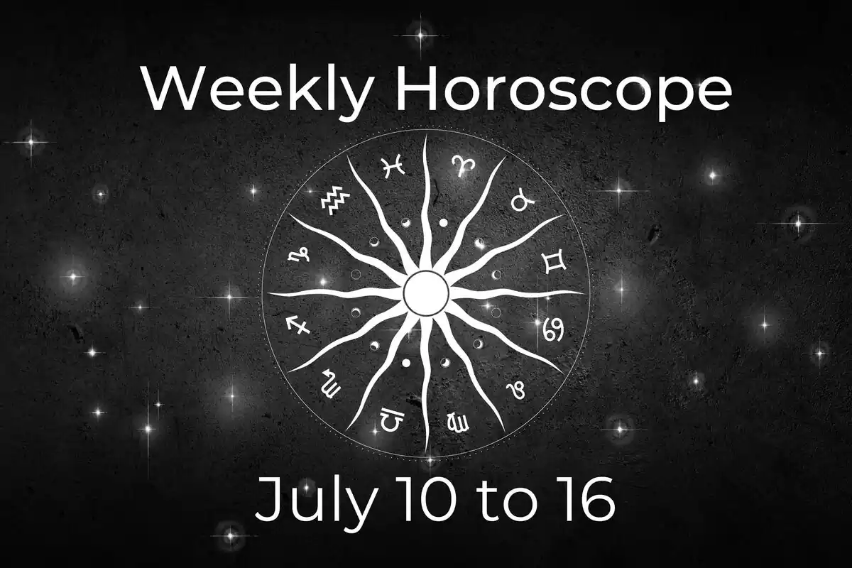 A zodiac wheel on a black background with stars and the lettering ''Weekly Horoscope - July 10 to 16''