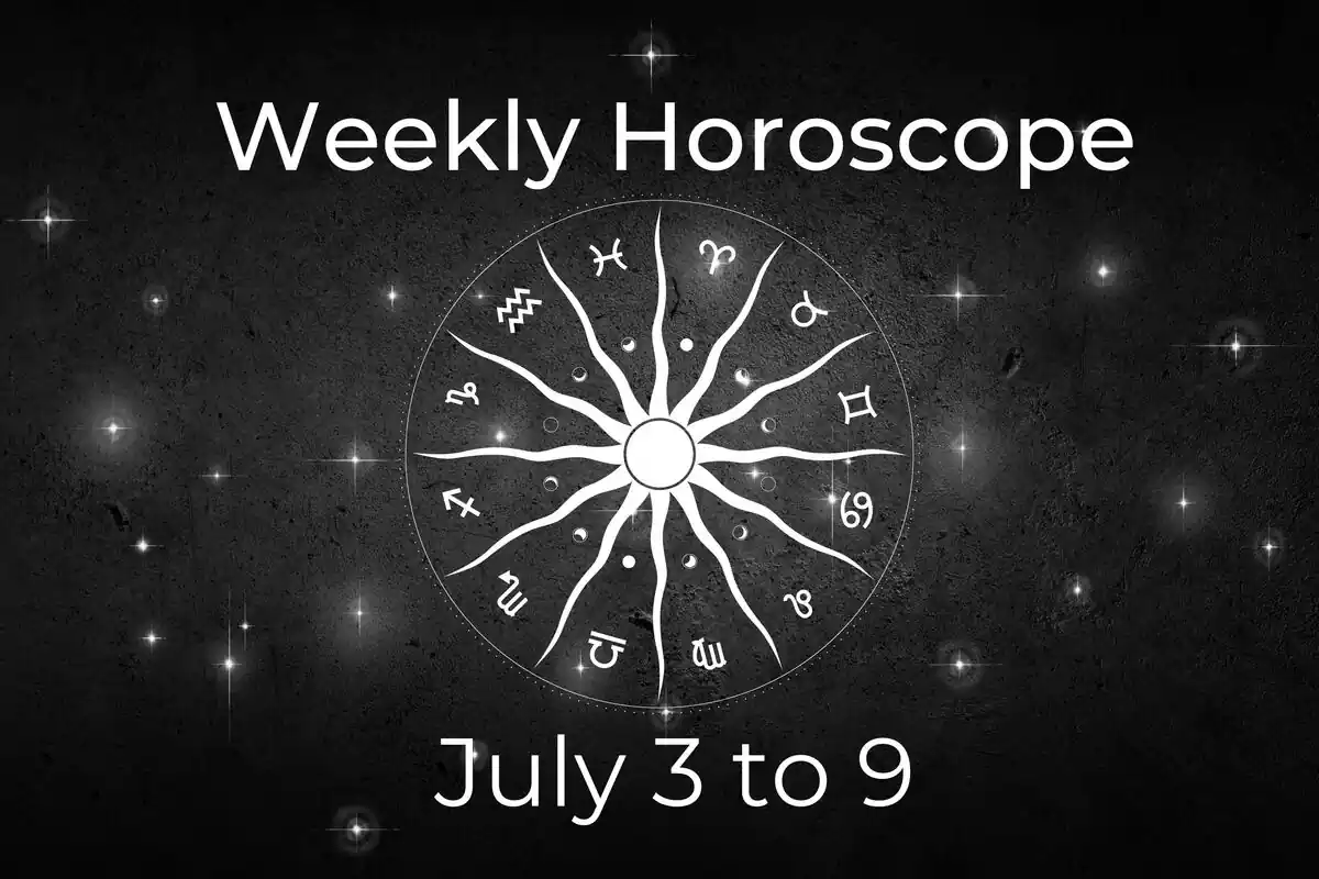 A zodiac wheel on a black background with stars and the lettering ''Weekly Horoscope - July 3 to 9''