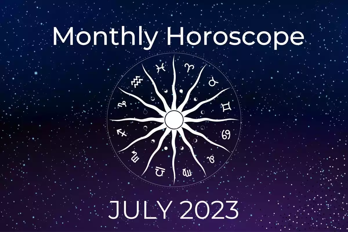 Zodiacal wheel on a blue and purple starry background and the letters ''Monthly Horoscope - July 2023''