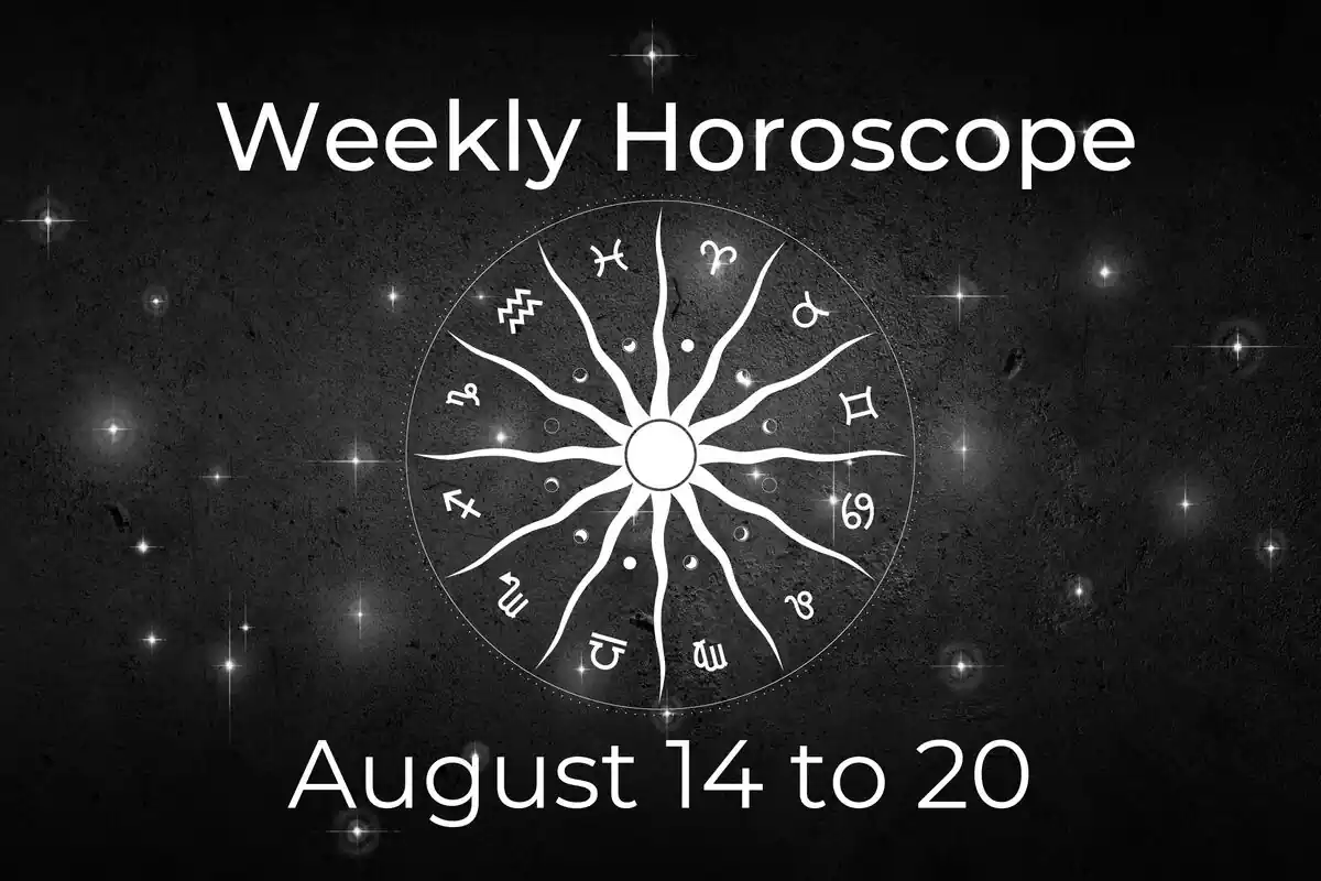 A zodiac wheel and red hearts on a black background with stars and the lettering ''Weekly Love Horoscope August 14 to 20''