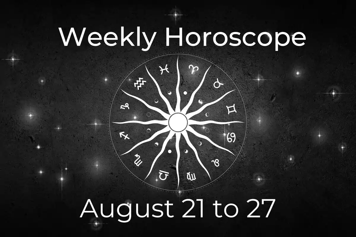 A zodiac wheel and red hearts on a black background with stars and the lettering ''Weekly Love Horoscope August 21 to 27''