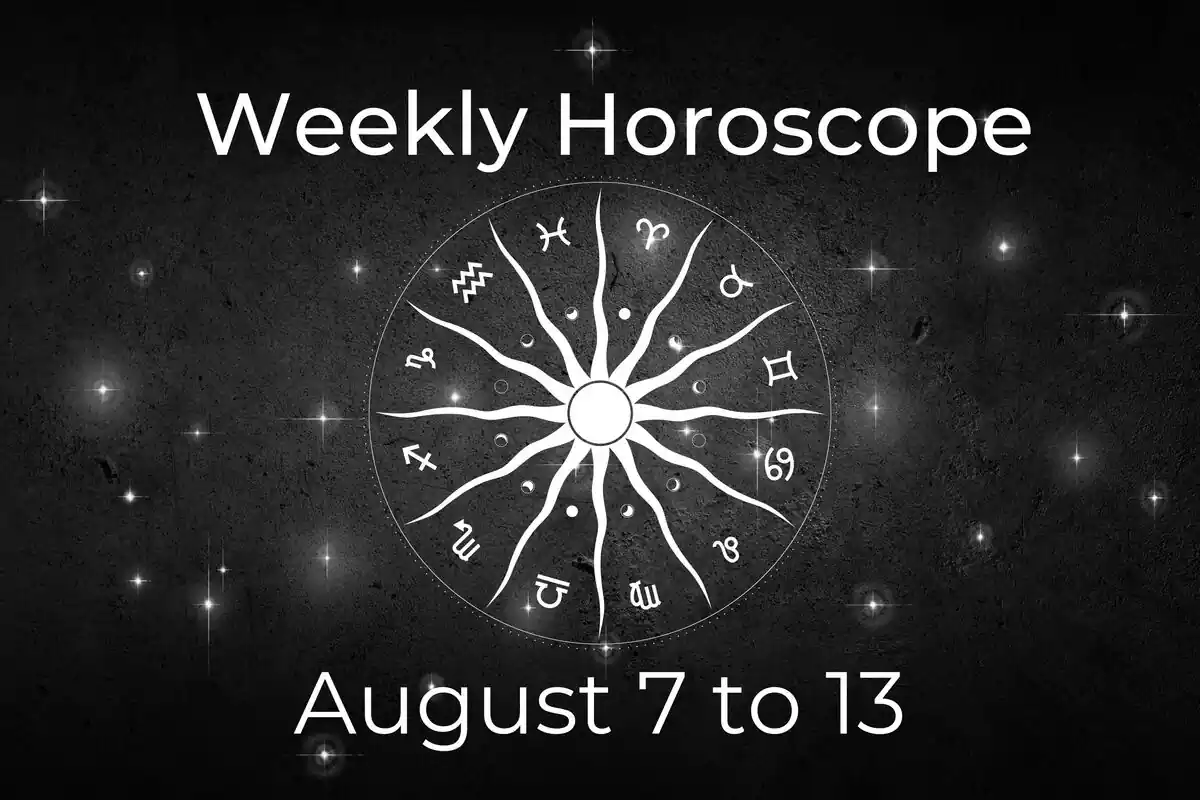 A zodiac wheel and red hearts on a black background with stars and the lettering ''Weekly Love Horoscope August 7 to 13''