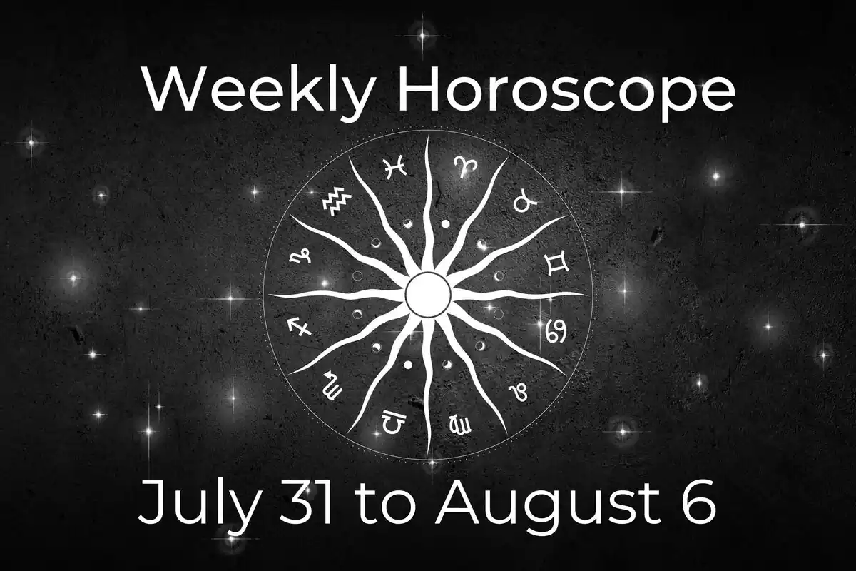 A zodiac wheel and red hearts on a black background with stars and the lettering ''Weekly Love Horoscope - July 17 to 23''