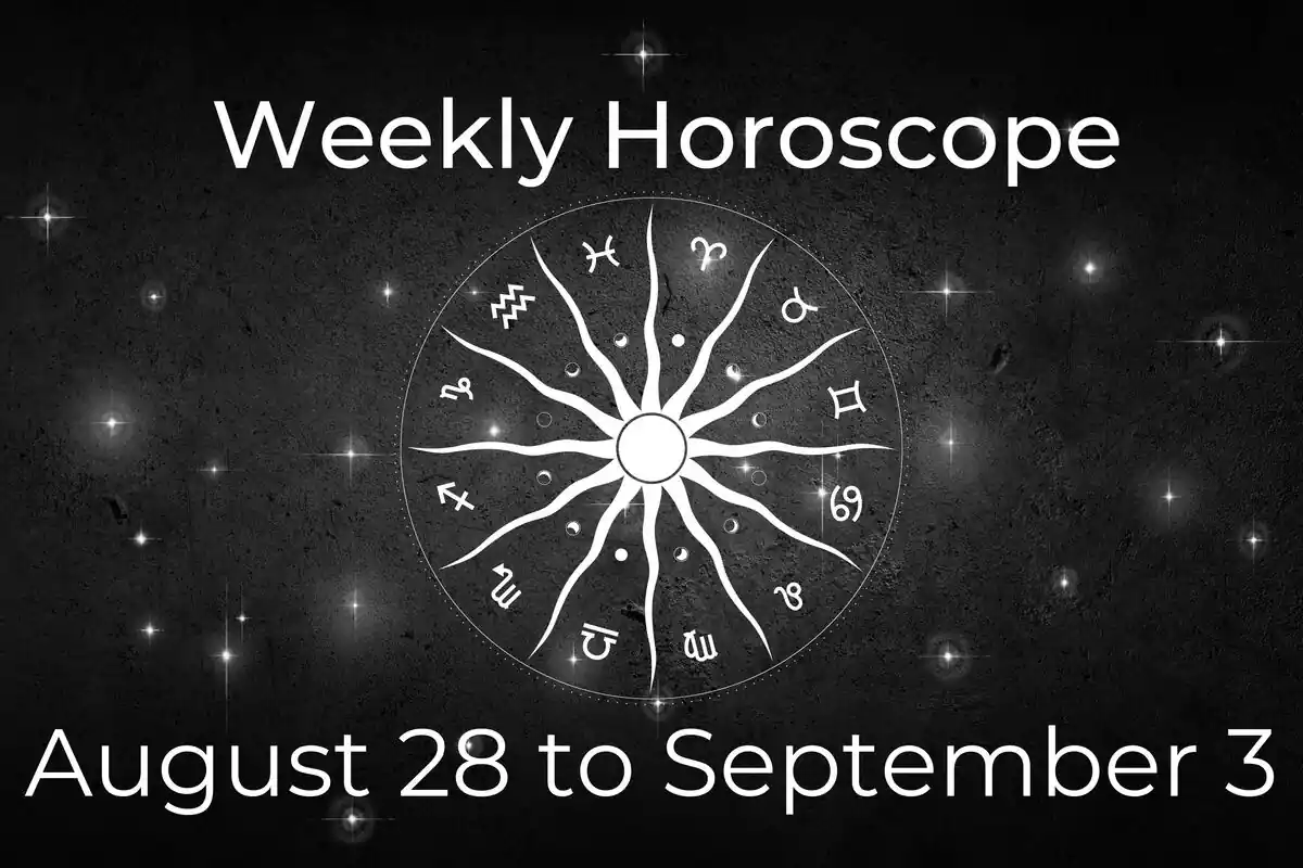 A zodiac wheel on a black background with stars and the lettering ''Weekly Horoscope - August 28 to September 3''