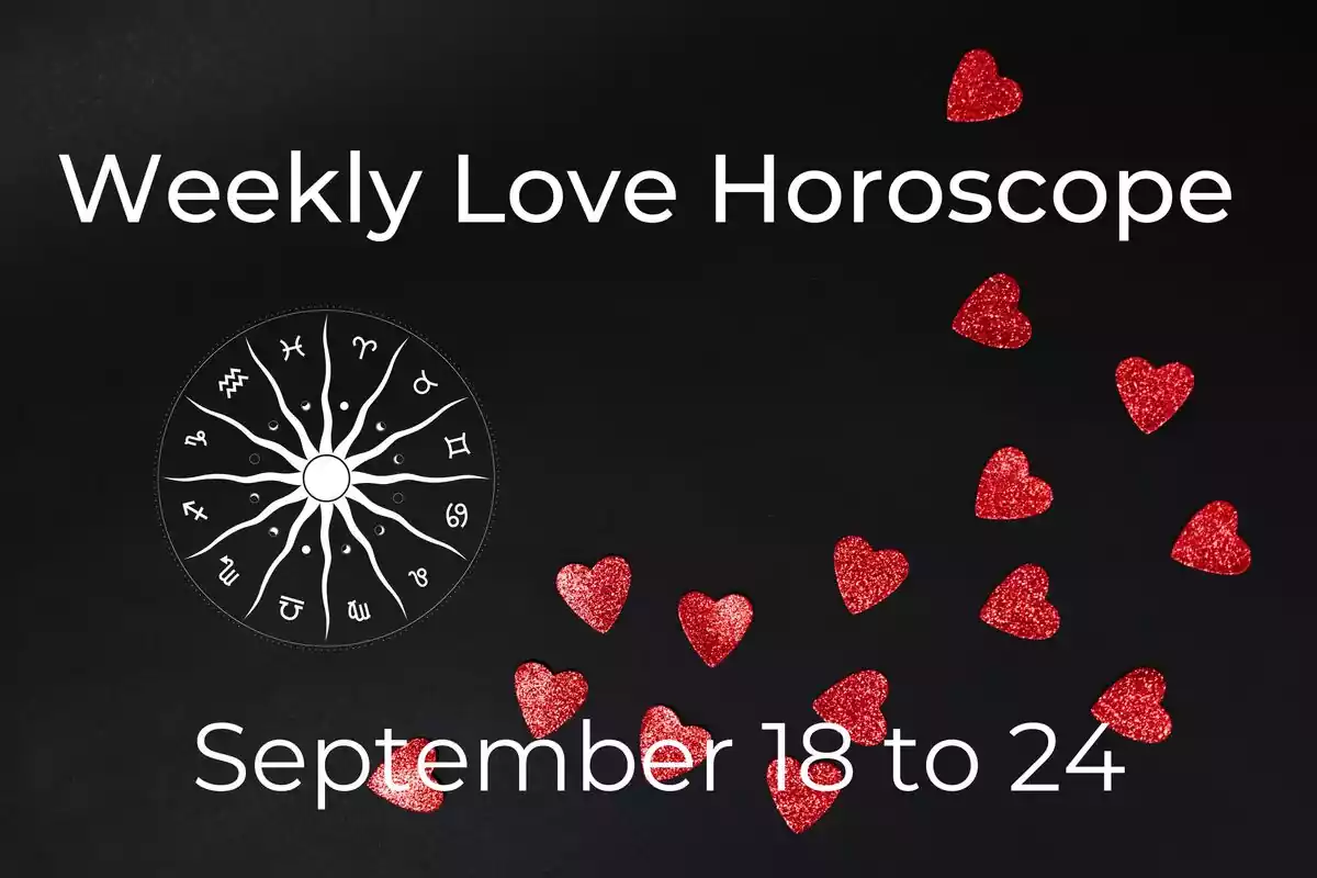 A zodiac wheel and red hearts on a black background with stars and the lettering ''Weekly Love Horoscope - September 18 to 24'