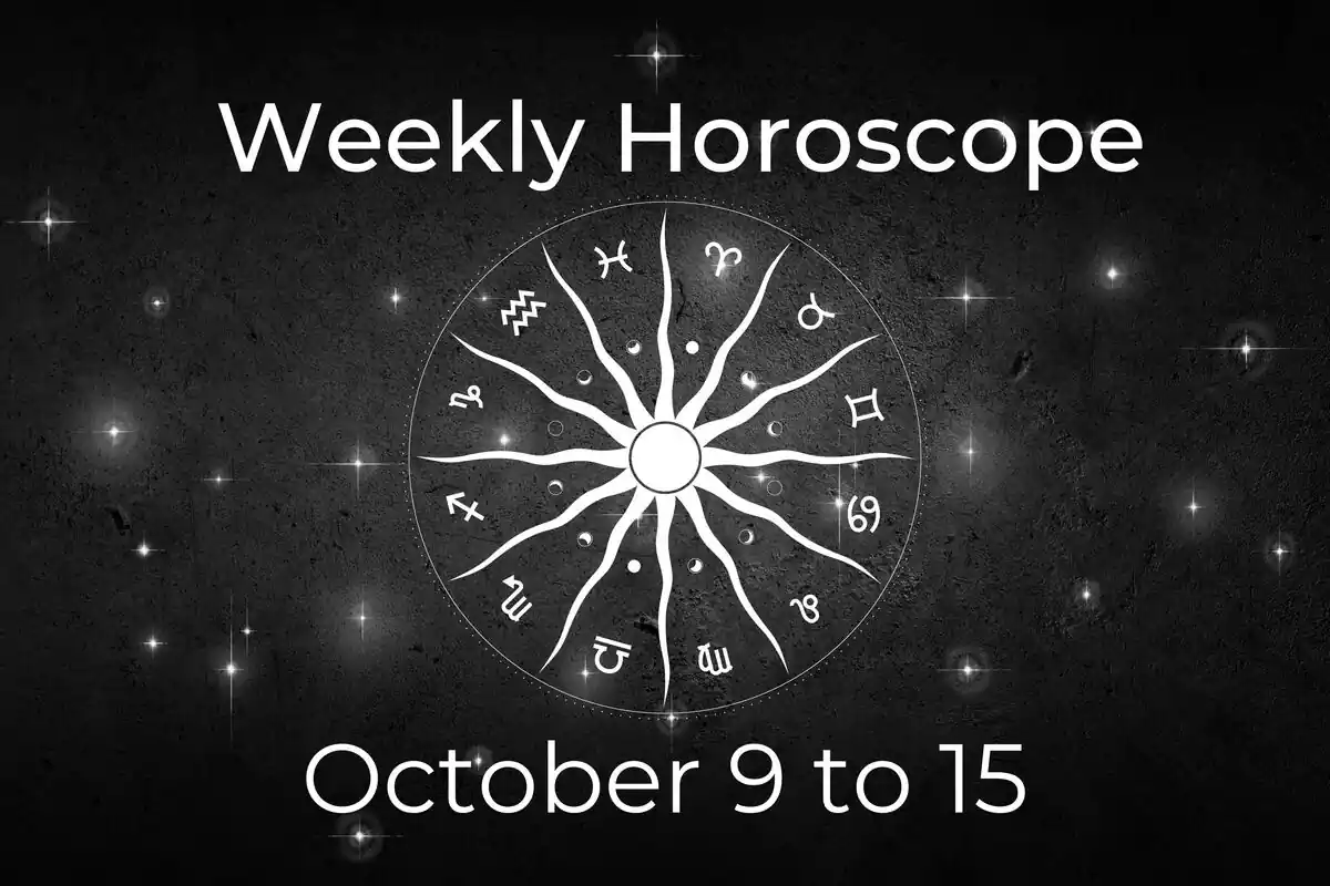 A zodiac wheel on a black background with stars and the lettering ''Weekly Horoscope - October 9 to 15''