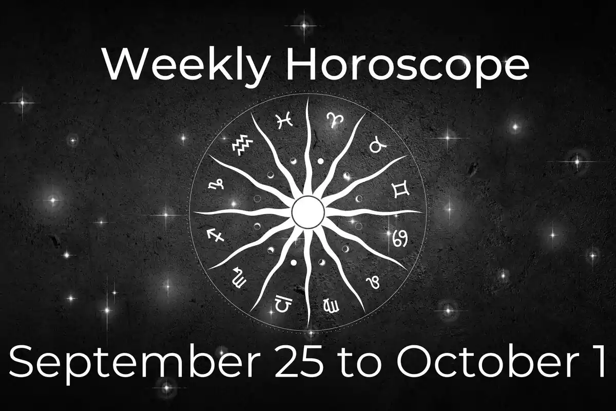 A zodiac wheel on a black background with stars and the lettering ''Weekly Horoscope - September 25 to October 1''