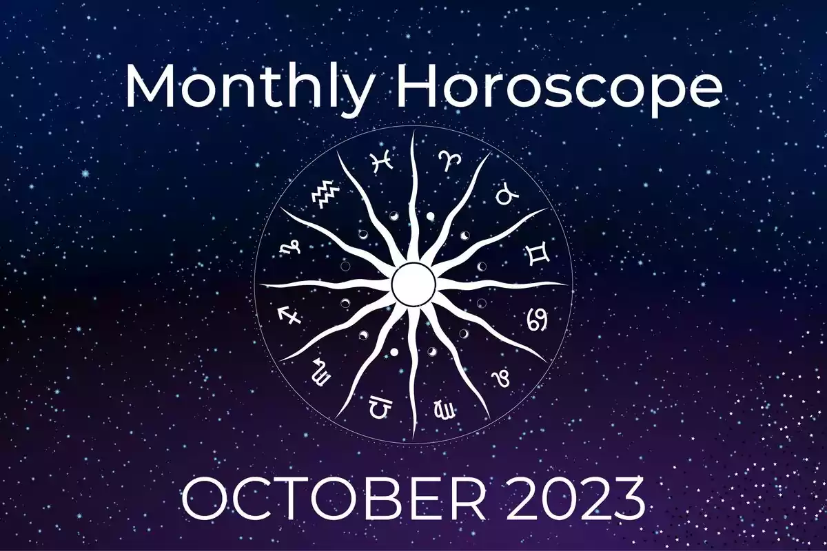 Zodiacal wheel on a blue and purple starry background and the letters ''Monthly Horoscope - October 2023''