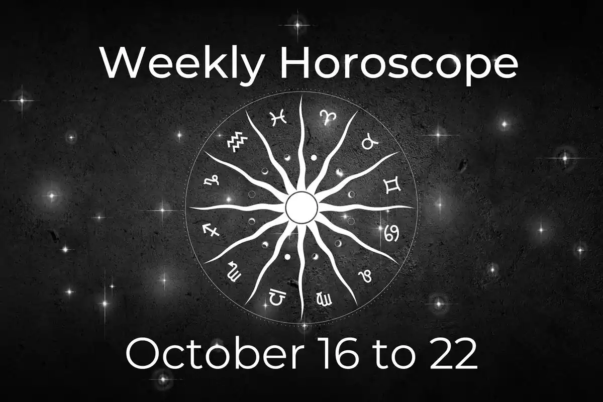 A zodiac wheel on a black background with stars and the lettering ''Weekly Horoscope - October 16 to 22''